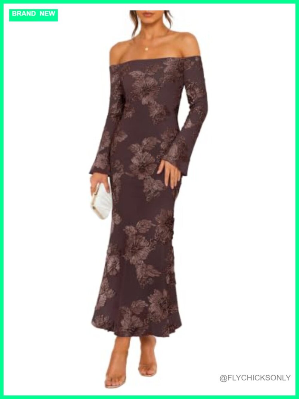 Off Shoulder Floral Maxi Dress Long Sleeve Bodycon Formal Wedding Guest